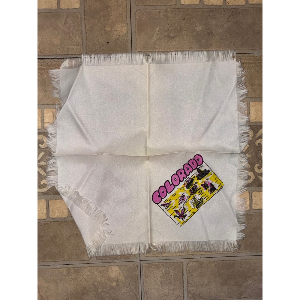 Vintage Colorado Souvenir Scarf White Fringed Square State Map Graphic Pink